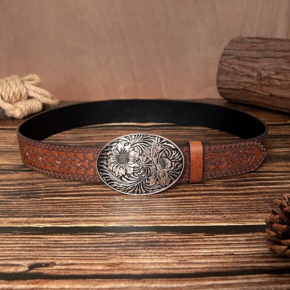 Silver tone Flower Buckle Casual Women's Western Patterned Polyurethane Belt - Picture 2 of 4